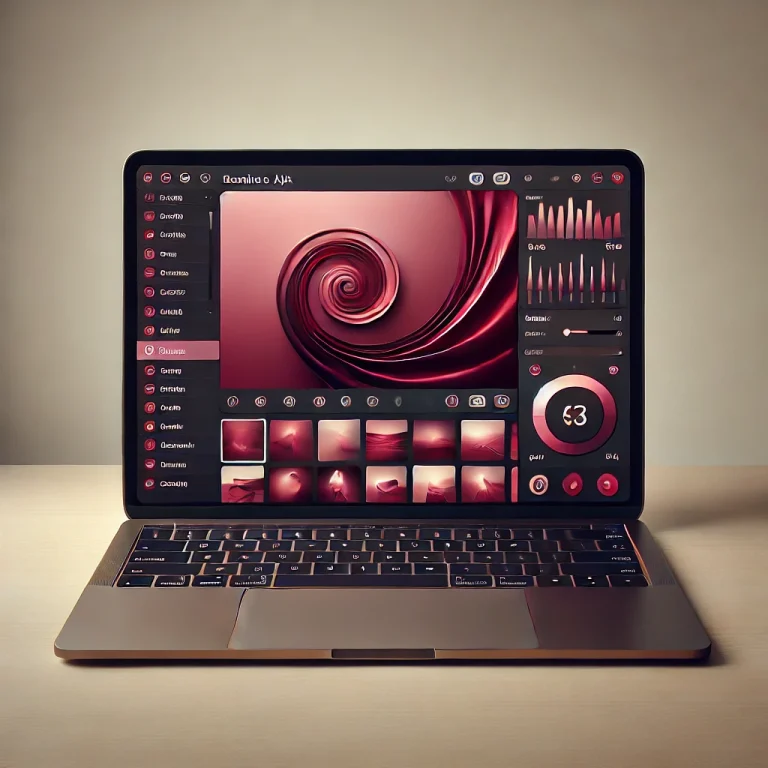 A realistic laptop screen displaying a generic photo editing app interface with a maroon color scheme, set on a clean desk surface. The image emphasizes the use of photo editing software on a Windows computer.