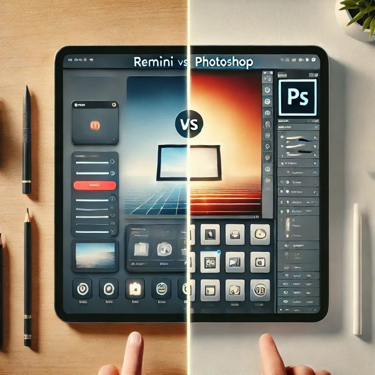 A split-screen comparison of two computer screens, one showing a generic photo editing app interface similar to Remini and the other displaying a generic interface representing Photoshop. Both screens are set against a neutral background, highlighting the comparison between the two tools.