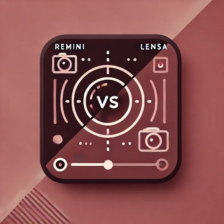 Featured image showing a comparison between the photo editing apps Remini and Lensa, with a balance scale and versus symbol in a maroon color scheme.