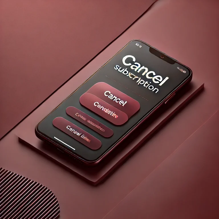 A smartphone displaying the Remini app with a 'Cancel Subscription' button, set against a sleek maroon background with subtle gradients, illustrating the concept of easily canceling a Remini subscription.