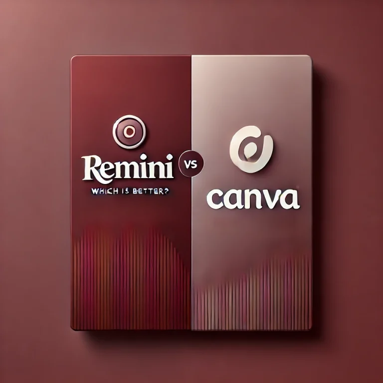 A clean, modern design featuring a maroon color scheme. The image is divided into two halves: on the left, the Remini logo is displayed with the text "Remini" below it, and on the right, the Canva logo is shown with the text "Canva" below it. The background is a gradient maroon, with subtle shadows to create depth. The title "Remini vs Canva: Which is Better?" is centered at the top in bold, white lettering. The overall style is sleek and professional, aligning with the article's comparative nature.