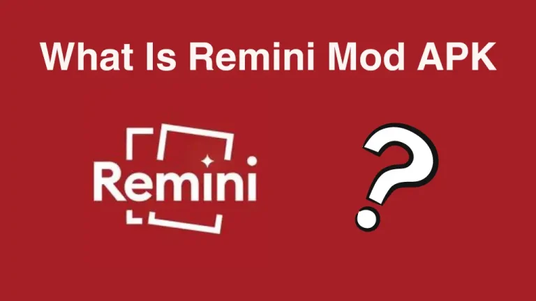 A red-colored image with the text "What Is Remini Mod APK" in bold white letters at the top. Below the text, the Remini logo is displayed on the left side, and a large white question mark with a black outline is positioned on the right side. The image has a simple and clean design, using the official Remini brand colors.