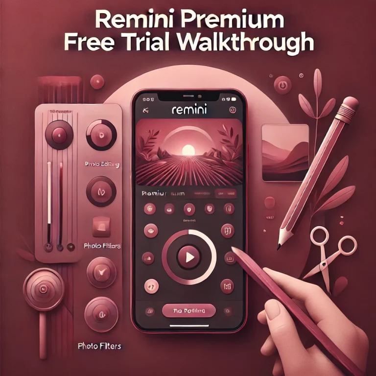 Featured image for an article about the Remini Premium Free Trial Walkthrough, with a maroon color scheme. The image shows a smartphone displaying the Remini app interface, highlighting its photo editing tools, set against a soft maroon gradient background with subtle photo editing icons like a magic wand and filters. The text 'Remini Premium Free Trial Walkthrough' is displayed in bold modern typography.