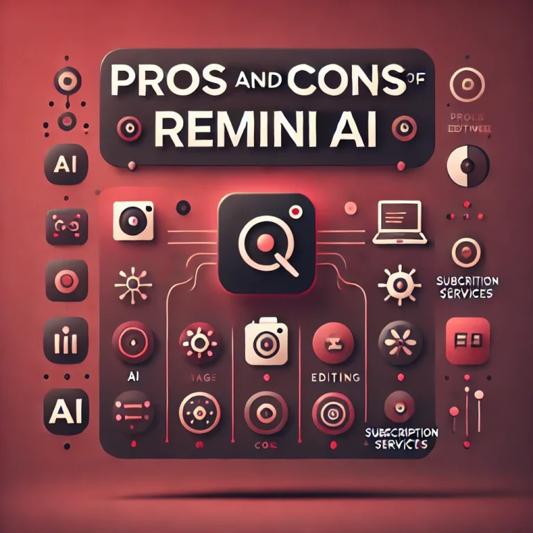 Featured image with a maroon color scheme displaying the text 'Pros and Cons of Remini AI' along with icons representing AI, image editing, and subscription services, set against a gradient maroon background.