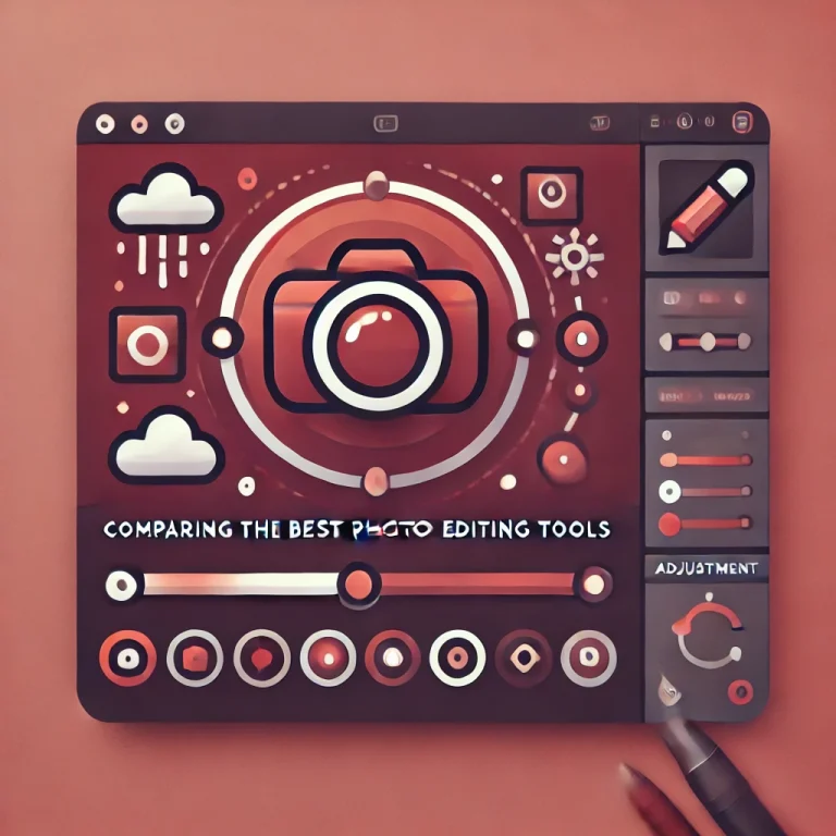 Featured image with maroon color scheme displaying icons of a camera, photo, and editing tools, representing the comparison of photo editing tools. The design is clean and professional, suitable for a blog post about why photo editing is necessary.