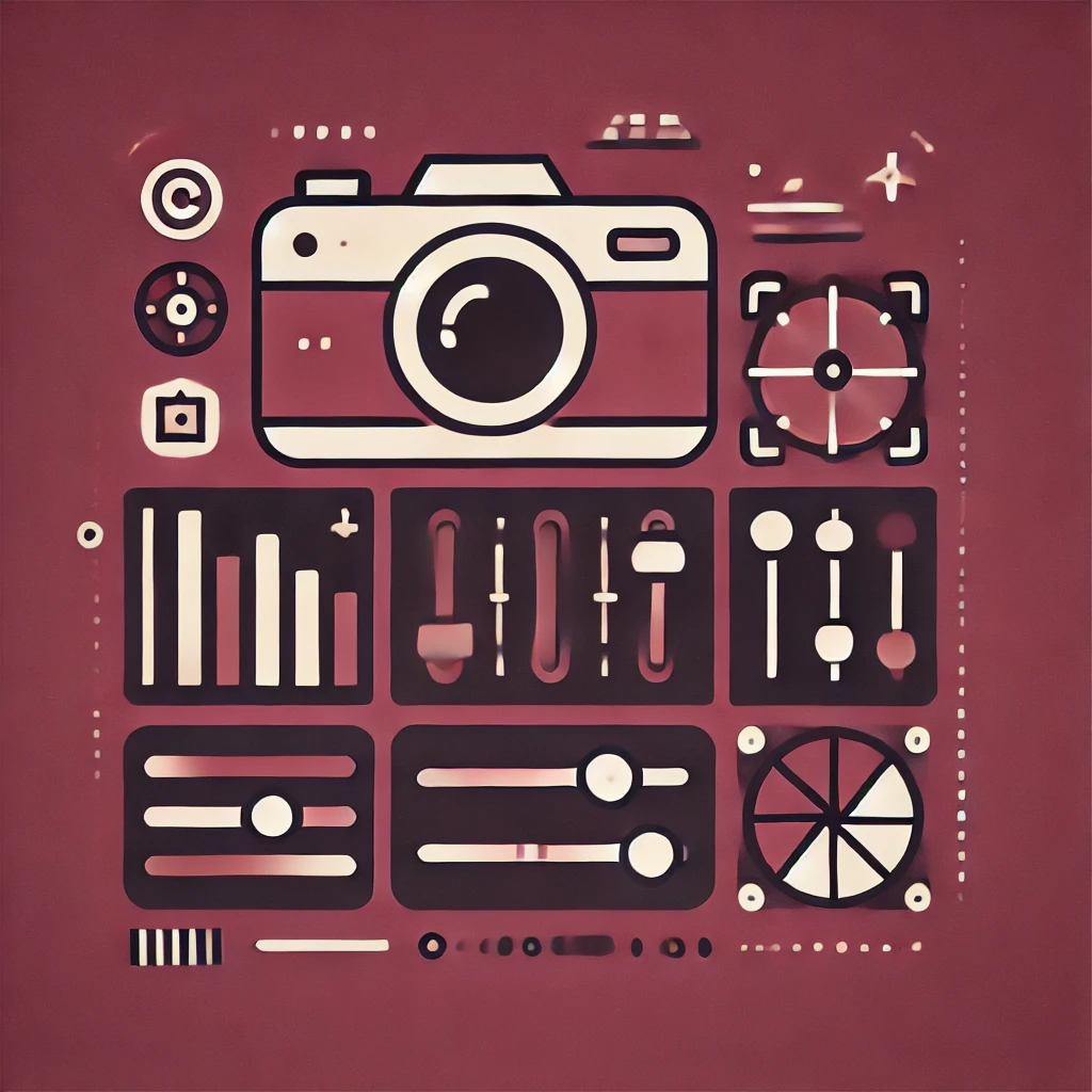 Minimalistic image with a maroon color scheme featuring icons of a camera, photo, and sliders, representing photo editing tools. The design is clean and professional, suitable for use as a visual in a blog post about comparing photo editing tools.