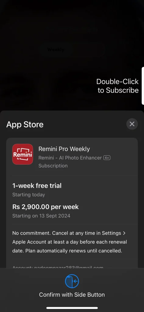 App Store confirmation page for Remini Pro Weekly subscription, showing the weekly price of Rs 2,900 after a 1-week free trial. Instructions for confirming the subscription with the side button are visible, along with a 'Double-Click to Subscribe' option.