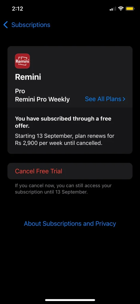 Subscription management screen for the Remini Pro Weekly plan. The subscription will renew at Rs 2,900 per week starting on 13th September 2024, with the option to cancel the free trial before that date. The screen provides a 'Cancel Free Trial' button and information about the subscription's terms.